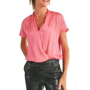 Reset Women's Small Pink Front V-Neck Short Sleeve Bubble Top Satin Bodysuit